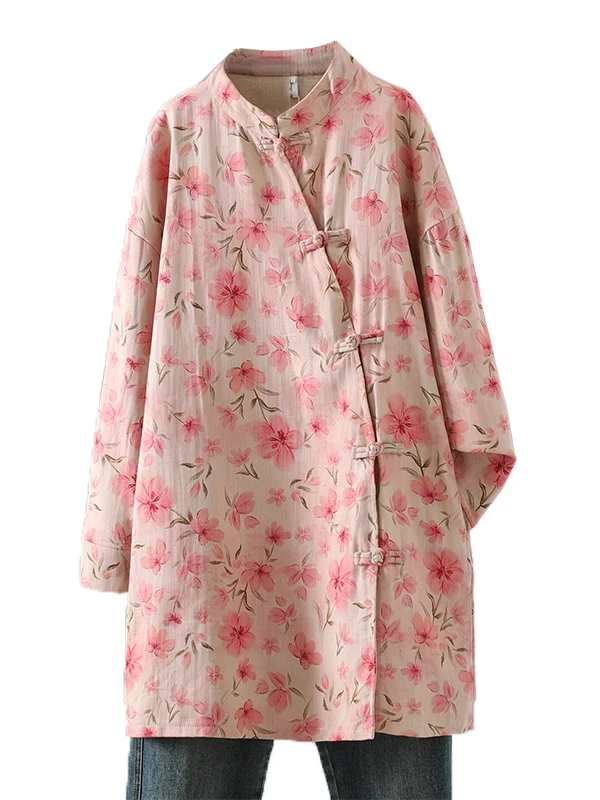 Thiened algodão linho jaet casaco longo feminino chinês sle impressão calor inverno usar botão design zen meditação outerwear