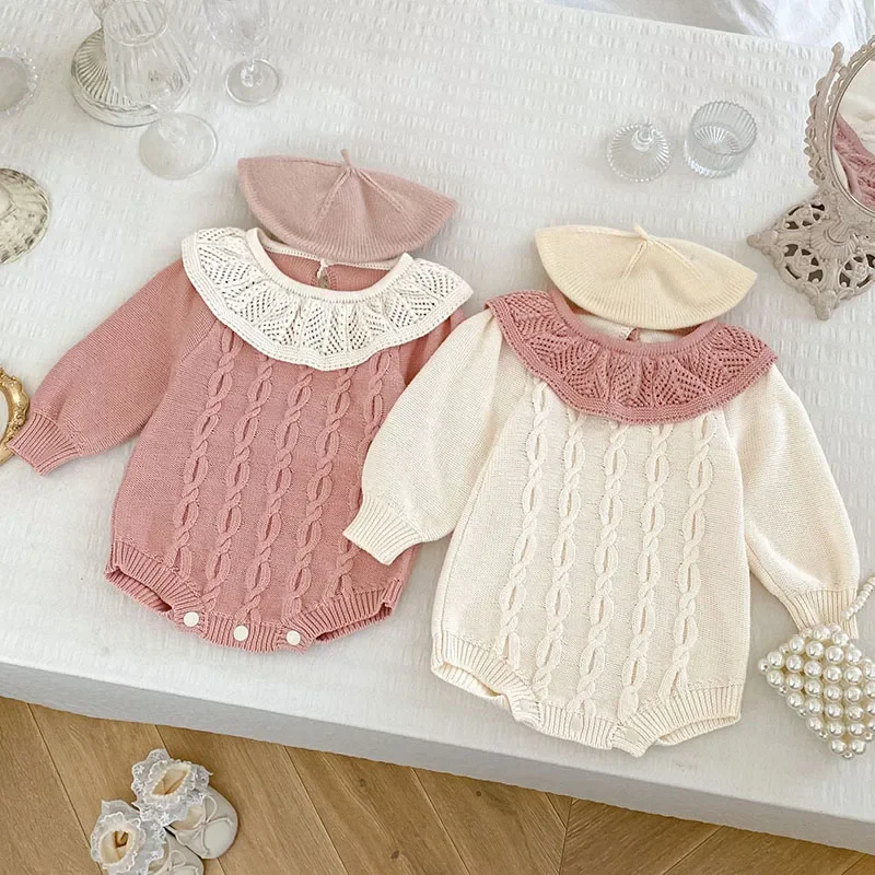 

2024 New Autumn Newborn Baby Girls Knitted Bodysuits Long Sleeved Splicing Infant Baby Girls Jumpsuit Children Knitted Clothes