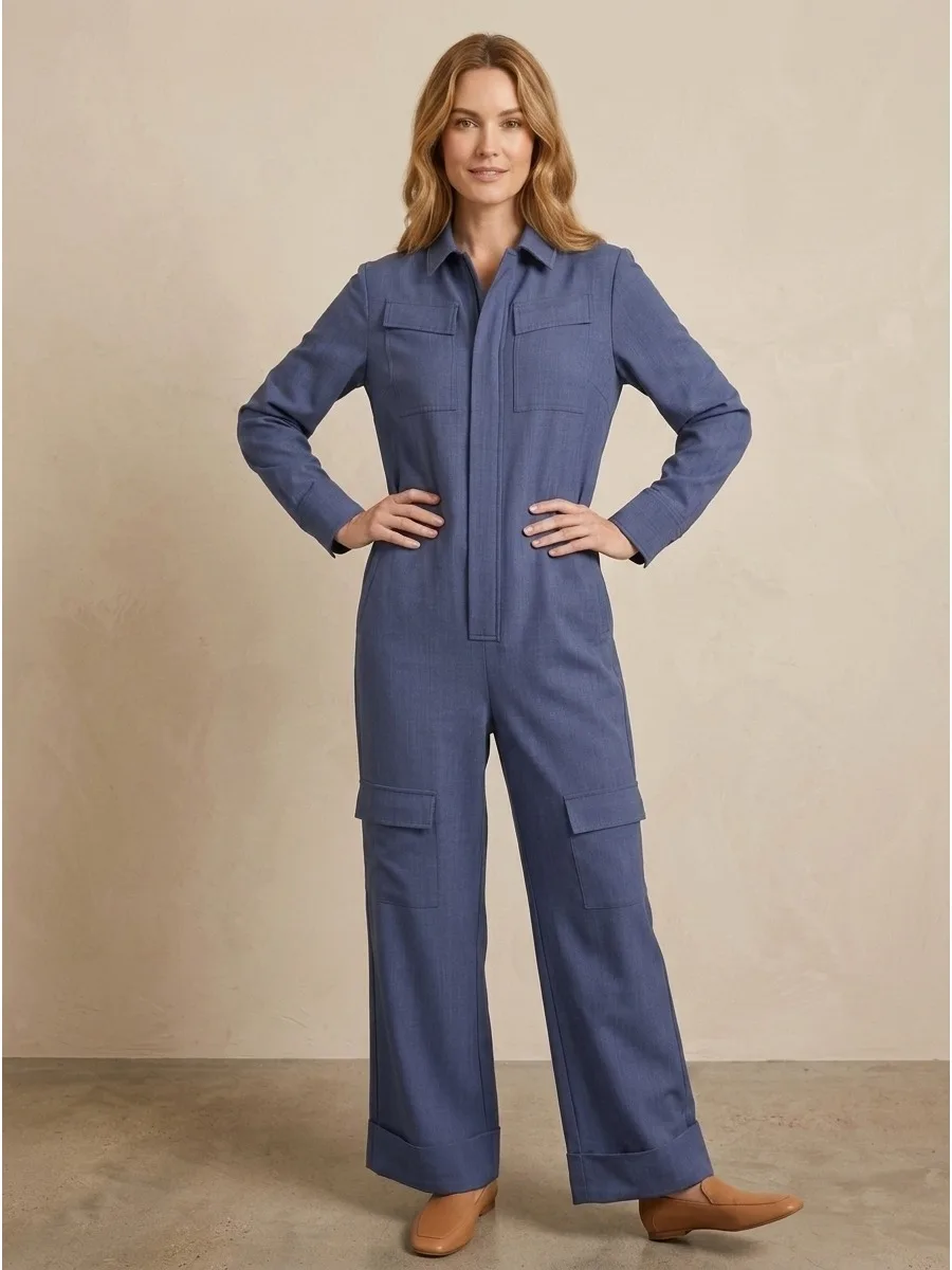 Freeacy Women Cargo Jumpsuit Lapel Collar Half Zip Long Sleeve Wide Leg Boiler Suit 2026 Loose Casual One Piece Outfit