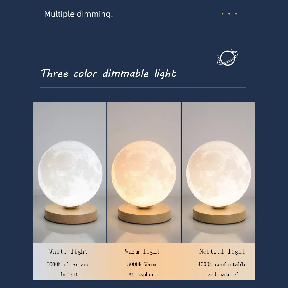 F2 3D Moon Lamp Bedside Table Lamp 3 Lighting Modes Dimmable USB Rechargeable Night Light With Base Living Room Bedroom Decor