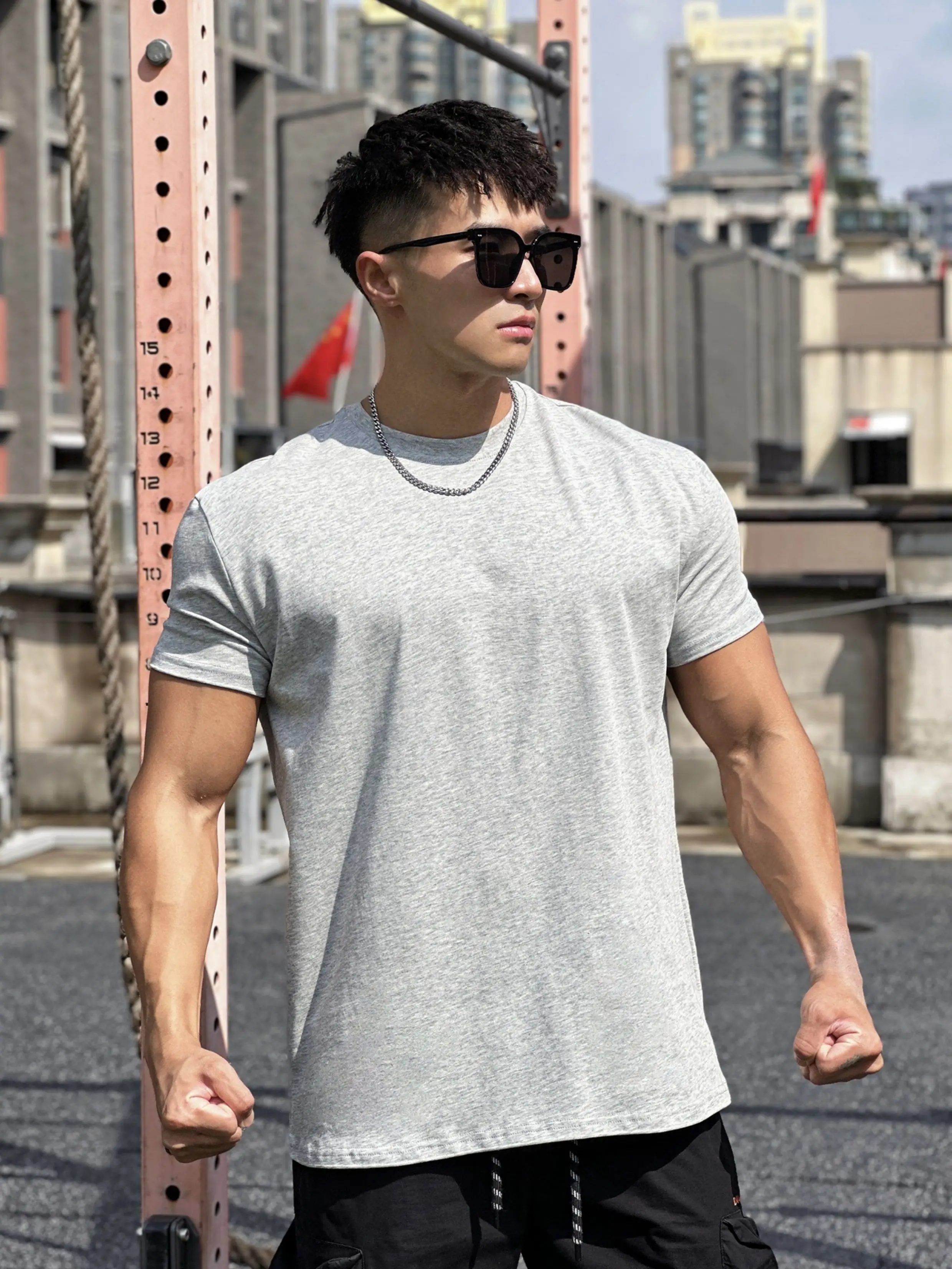 Muskeltraining Lose Baumwolle Fitness Kurzarm Herren Basketball Herbst Lauftraining Elastisches Sport-T-Shirt Rundhalsausschnitt