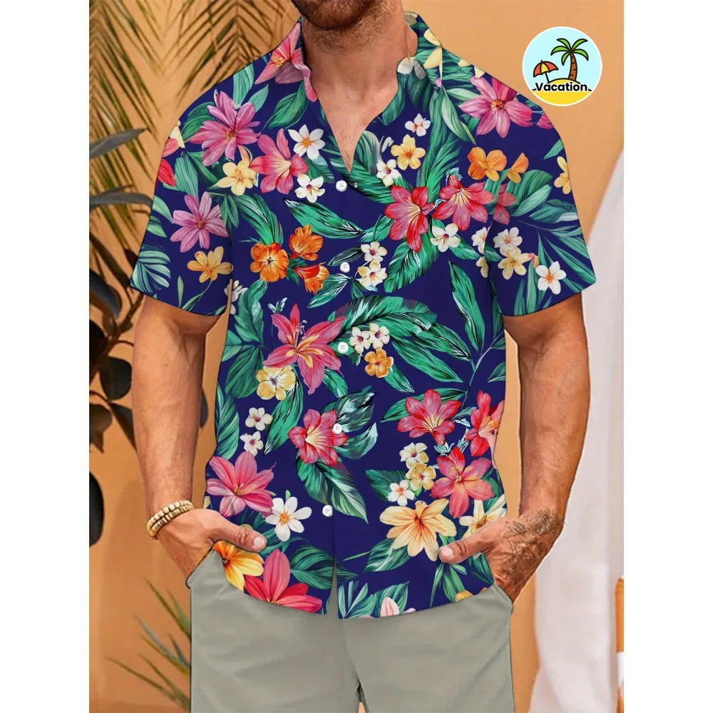 Men Navy Blue Base Multicolor Plumeria Hibiscus Palm Leaf Print Hawaiian Short Sleeve Lapel Shirt