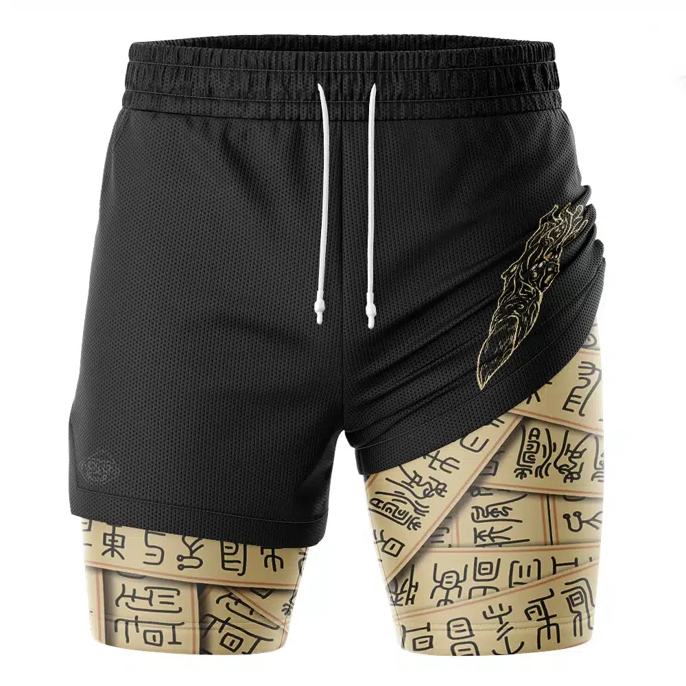 

2026 Summer Jujutsu Kaisen Suguru Geto Inspired 2-in-1 Compression Gym Shorts, Men's Cursed Scrolls Print Mesh Shorts