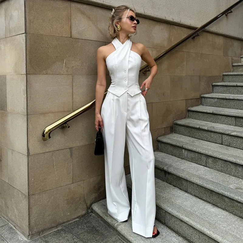 Talenza Fashion Halter Neck Top Pants Suit 2-częściowy damski elegancki jednorzędowy garnitur damski z wysokim stanem