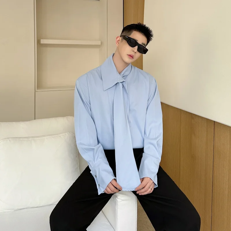 

Мужская свободная рубашка с длинным рукавом в корейском стиле, повседневная, с встроенным галстуком, в университетском стиле, синяя, деконструированная, модная, весна-осень