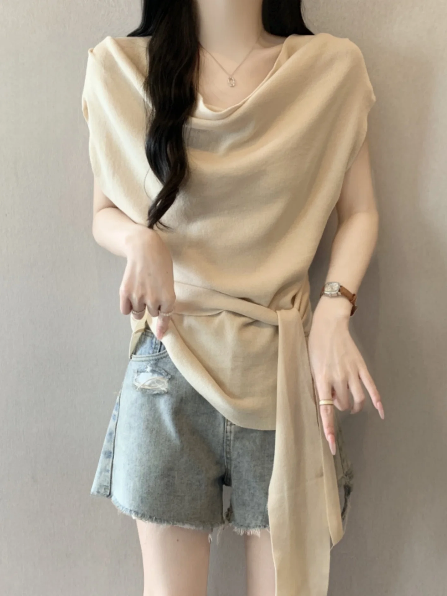 

Slimming Design Short Sleeve T-Shirt Women's Summer Base Shirt Big Size Fat MM Waist Cinching Belt Cover Belly Top