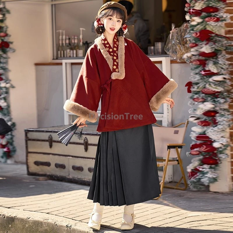 

2025 chinese ming made daily hanfu set straight collar thickened fur hanfu coat gentle temperament solid color horse face skirt