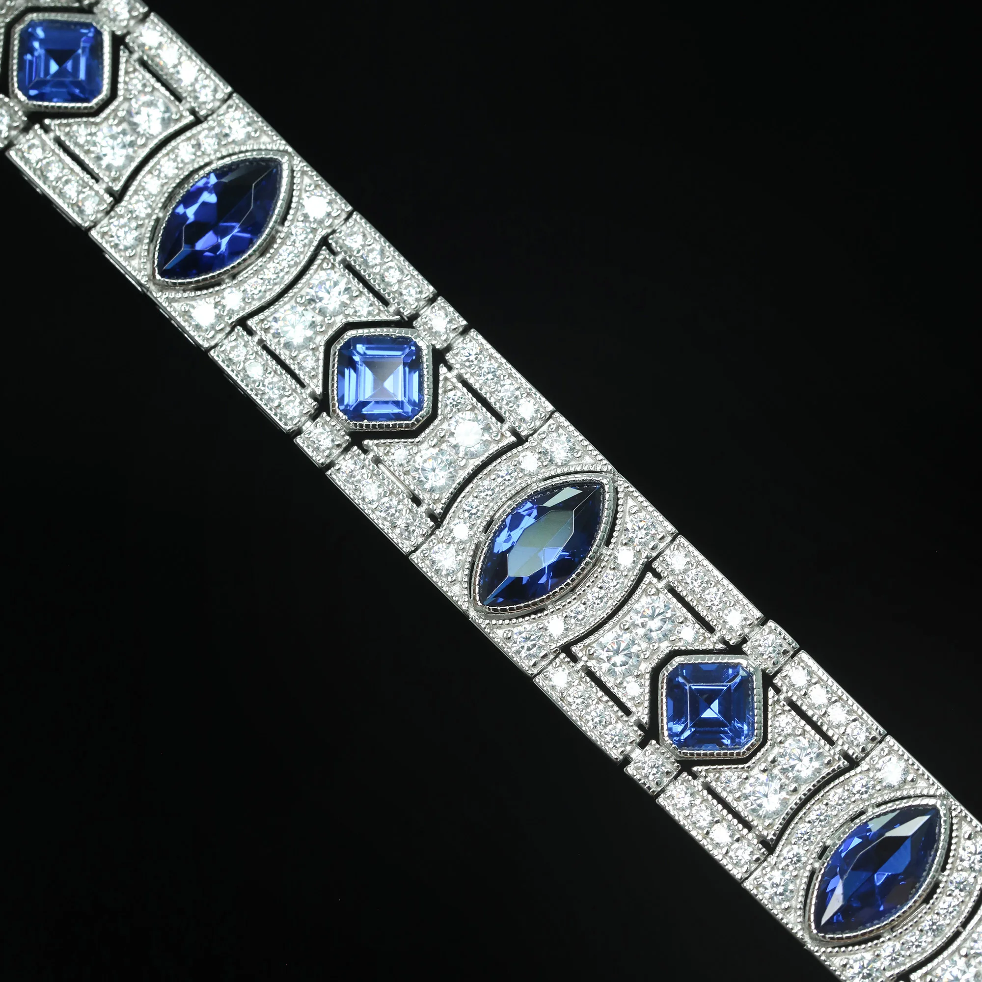 Art Deco Royal Blue Lab Grown Spinel Bracelet Vintage 925 Sterling Silver Statement Fine Jewelry for Women's Birthday Party Gift