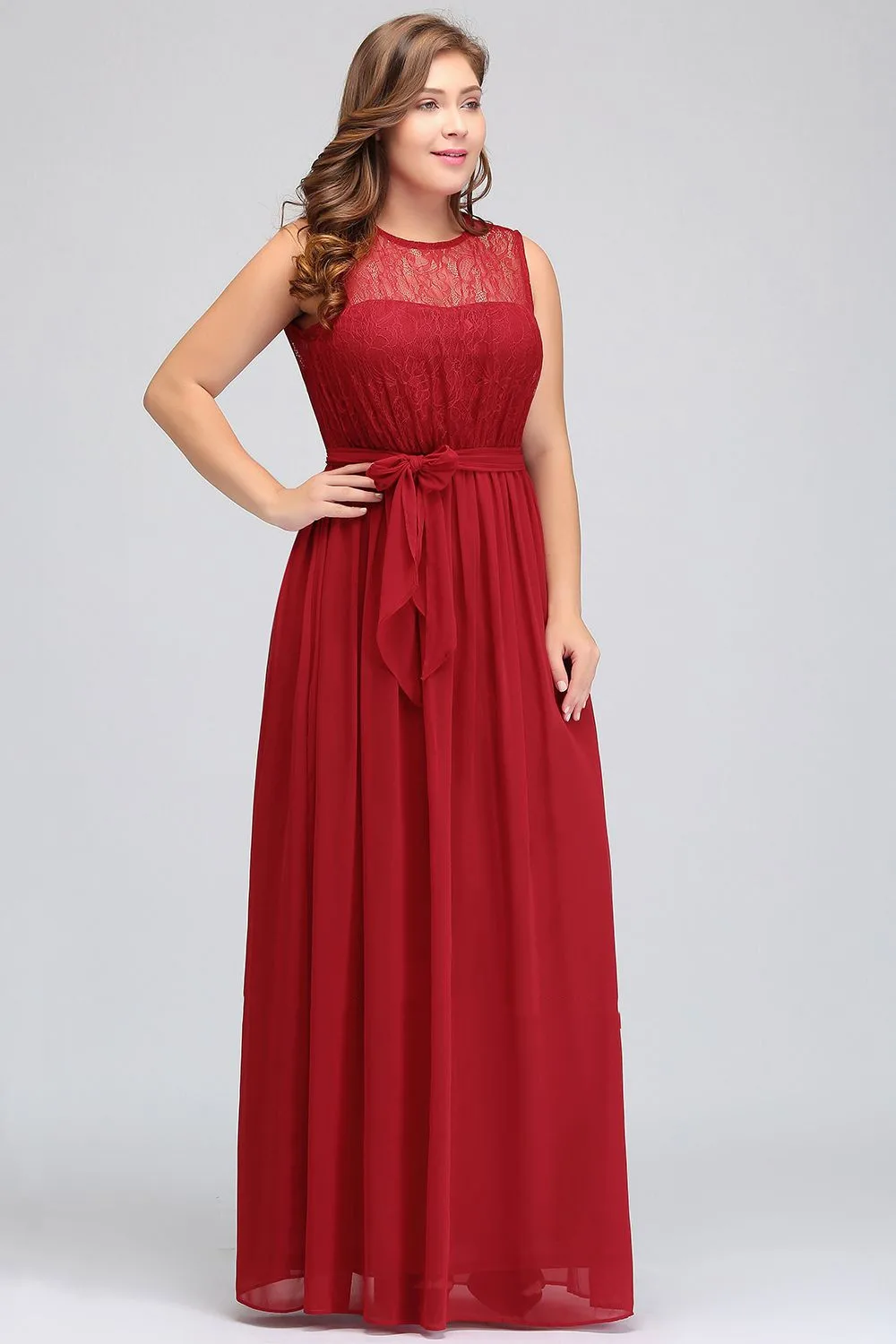 

Elegant Plus Size Wedding Guest Red Bridesmaid Dress Chiffon Lace Sleeveless Formal Bridal Party Gown Maid Of Honor Dress Sashes