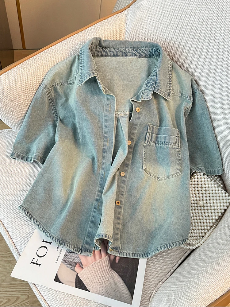 

Summer Women Denim Shirts Leisure Turn-down Collar Short Sleeve Single Breasted Tops Simple All-matched Female Blouse