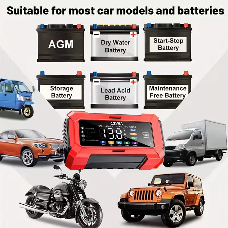 Carregador e manutenção de bateria inteligente 12V 6A com display LCD |   Plugue UE, para carros, caminhões, motocicletas, bateria não incluída