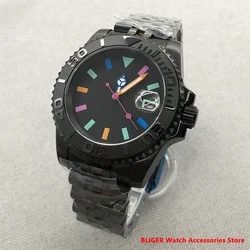 BLIGER 40mm NH35A NH36 MIYOTA 8215 PT5000 Full Black Case Multicolor Index Automatic Men's Watch Sapphire Crystal  Steel Strap