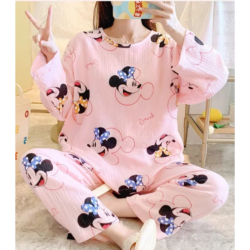 Disney Mickey Mouse autumn new pajamas pure cotton long-sleeved crew neck women\'s pajamas silk pajamas women\'s loungewear set