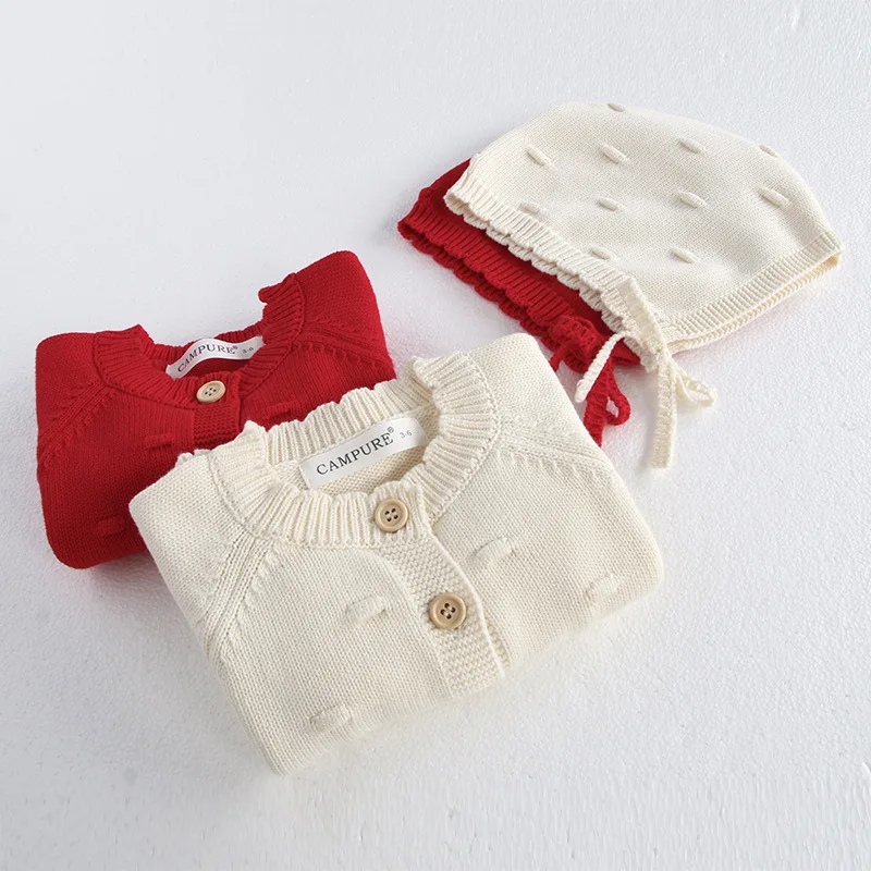 MiniAinis Otoño Invierno Nuevo Conjunto de Chaqueta Tejida para Bebé con Gorro Incluido, Suéter Tejido con Bolas para Niñas, Abrigo y Gorro Beige Rojo para Niñas, 2 Piezas