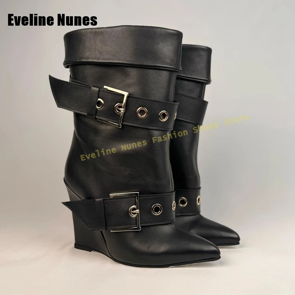 Belt Buckle Wedge Sleeve Boots Pointed Toe Solid Fashion Pull On Women Mid-Calf Boots 2025 Street Style Western Boots New Trend