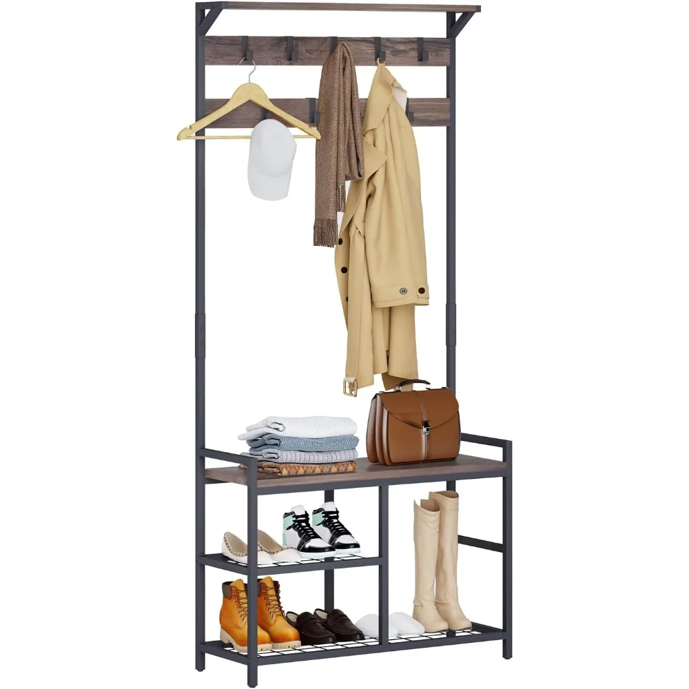 

Coat rack shoe stool, entrance bench with storage, wooden exterior decorative furniture, metal frame, 3-in-1 design