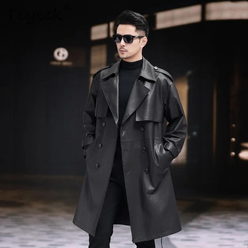 เสื้อแจ็คเก็ตหนังแกะแท้ Tcyeek สำหรับผู้ชาย เสื้อโค้ทยาวทรงเทรนช์โค้ท สไตล์ลำลองสำหรับธุรกิจ เสื้อโค้ทผู้ชายสำหรับฤดูใบไม้ผลิและฤดูใบไม้ร่วง เสื้อแจ็คเก็ตหนัง