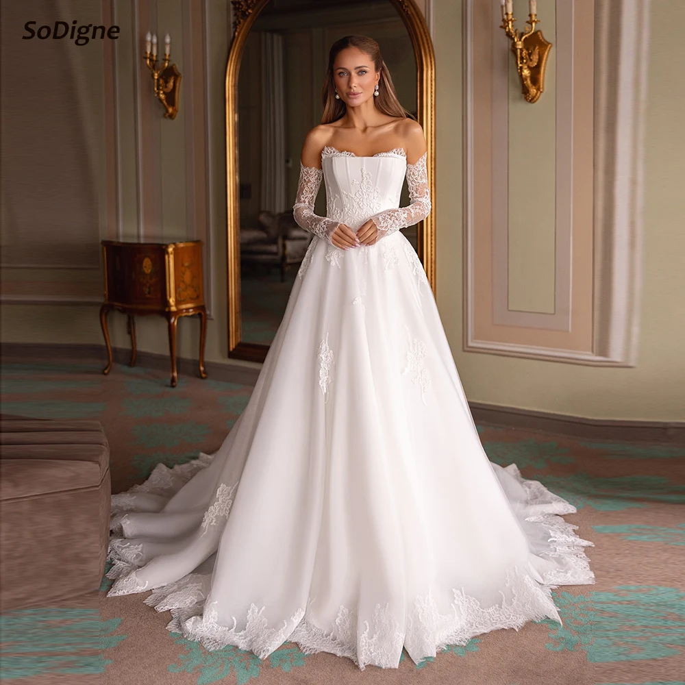 

SoDigne A-line Organza Appliques Bride Dresses Lace Detachable Sleeves Wedding Dress Bridal Gowns vestidos de novia Customized