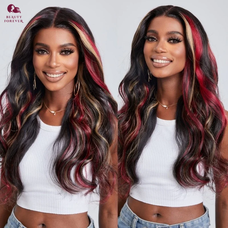 Highlight Burgundy Loose Wave Lace Front Human Hair Wig 13x4 Red Black Multi Color Streak Glueless Transparent Lace Frontal Wig