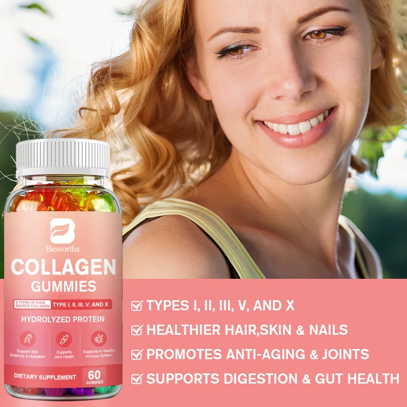 BEWORTHS Multi Collagen Complex Gummy Collagen Hydrolyzed Protein for Hair,Skin,Nails for Women & Men