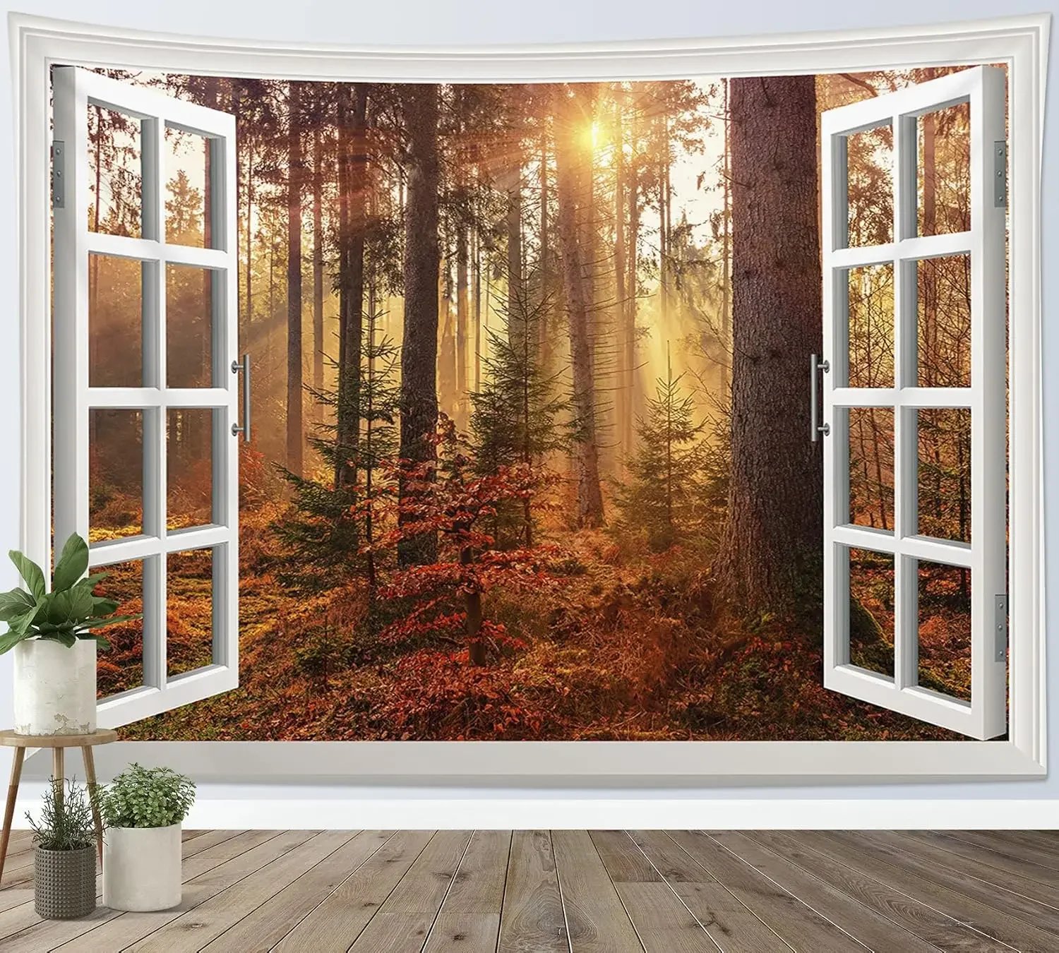 HD-Fall Tapestry with Autumn Maple Tree, Misty Forest Landscape Wall Hanging for Living Room, Bedroom or Nature Decor