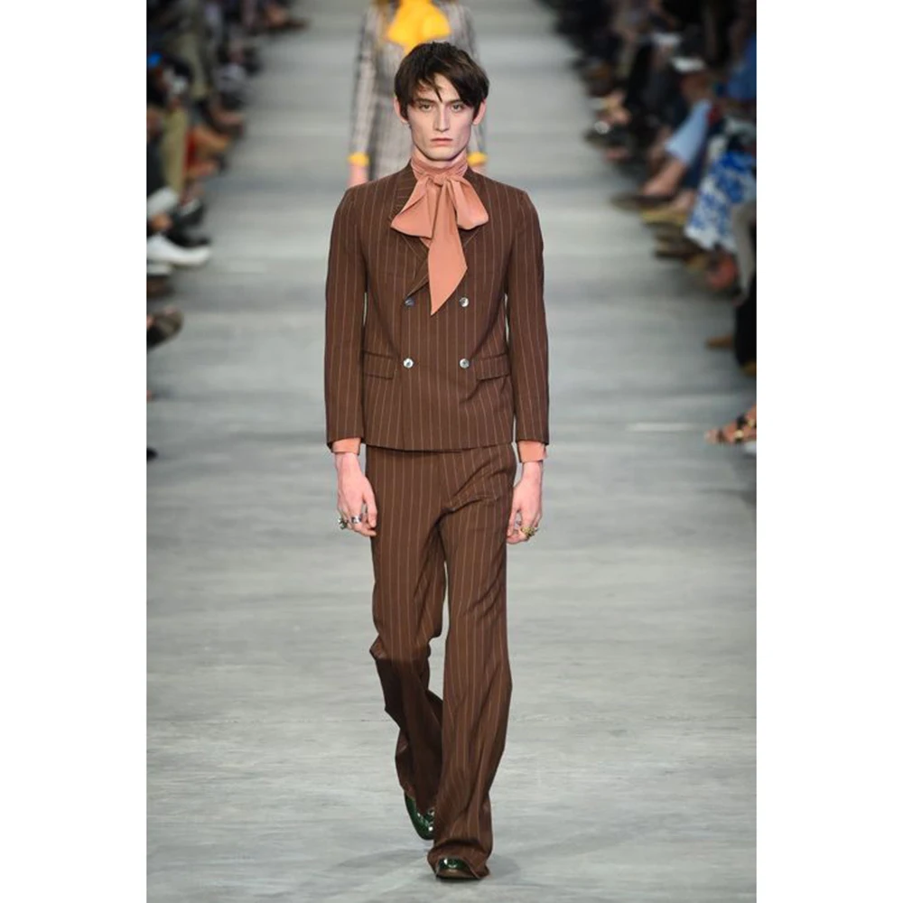 

Fashion Brown Men's Suits 2 Pieces Jacket Pant Sets High Quality Double Breasted Peak Lapel Male Banquet Clothing Chic Blazer