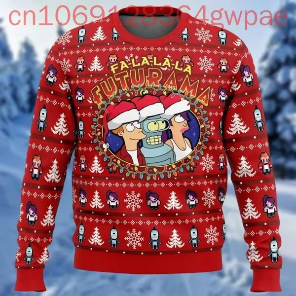 سترة رجالية من Fa-La-La-La Futurama Ugly Christmas Futurama Sitcom عيد الميلاد Leela Bender Philip J. Fry شخصية سانتا قبعة هدية لـ