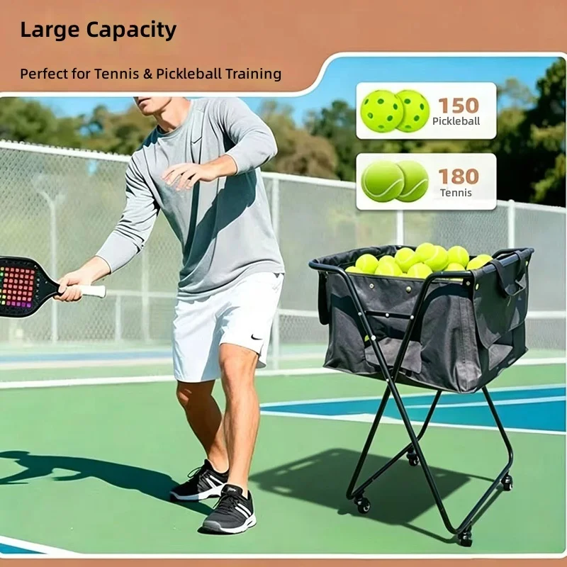 Carrito Plegable Portátil Negro para Recoger Pelotas de Tenis, Capacidad para 150 Pelotas, Estructura de Hierro Resistente, Ecológico y Móvil