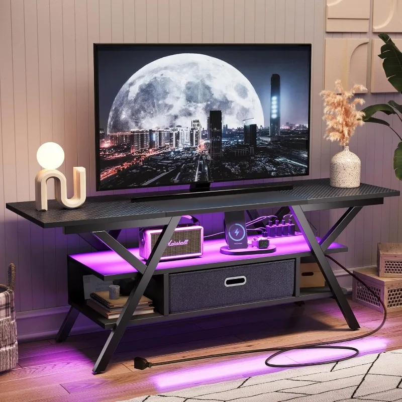 LED Entertainment Center with Power Outlets Gaming TV Stand for TVs up to 65 Inch 55” TV Game Console for Living Room