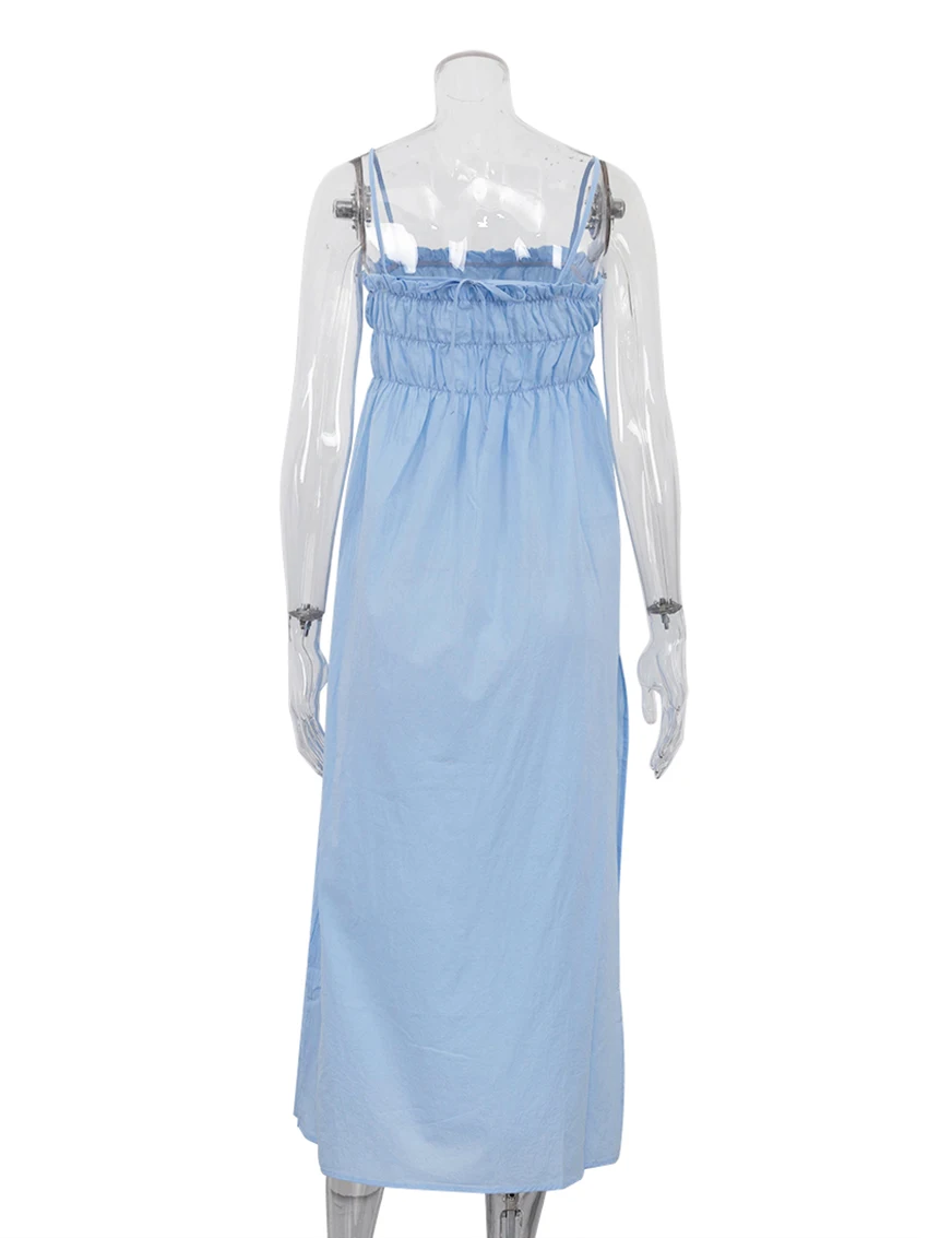 Marthaqiqi Blue Ladies Sleepwear Sexy Split Pajamas Spaghetti Strap Nightwear Backless Nightgowns Casual Mid-Calf Dress Pyjamas