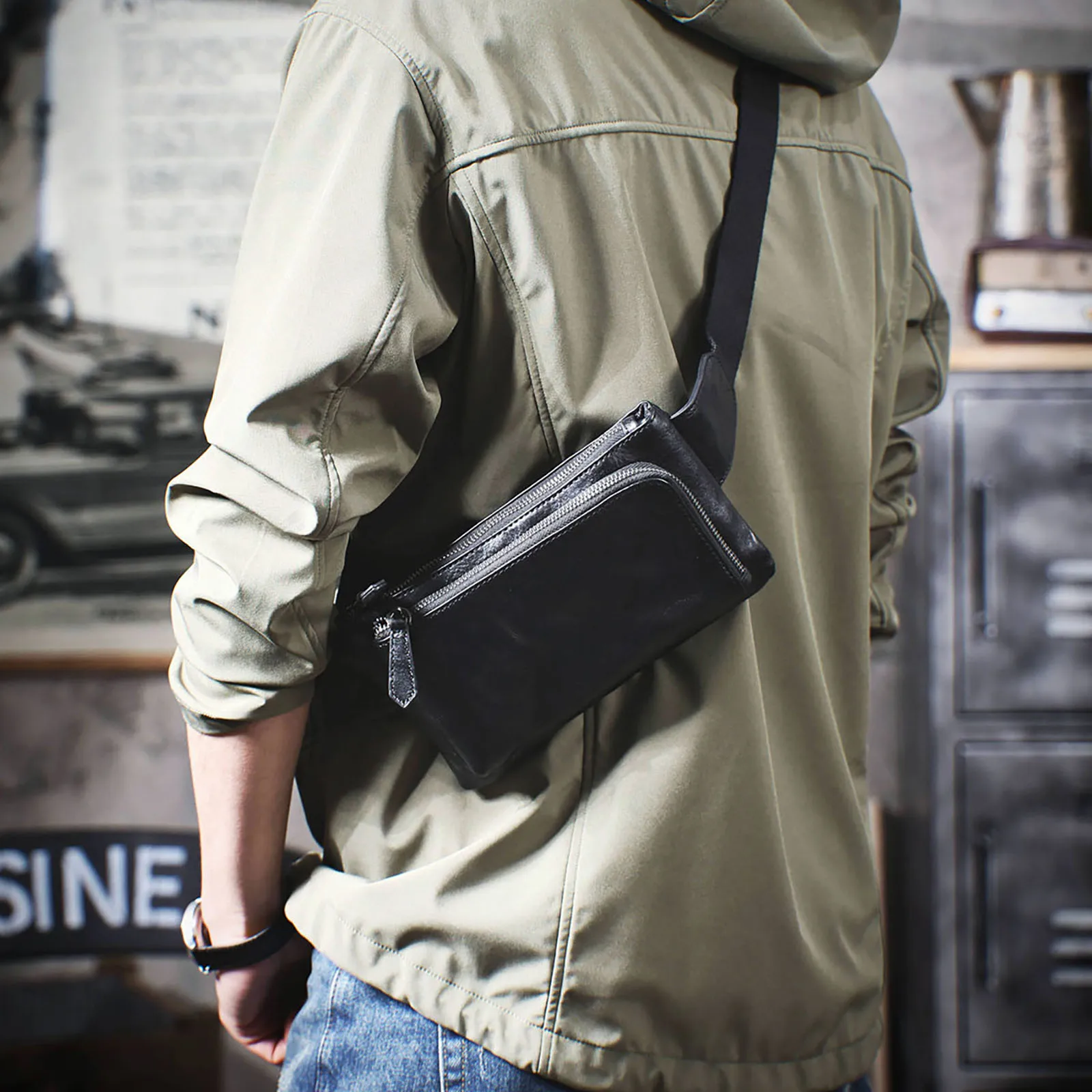 Echte Leder-Umhängetasche für Herren, Crossbody-Brusttasche im Schlichten, Modischen Stil aus Rindsleder, Hochwertige Leder-Freizeittasche – Detail 5