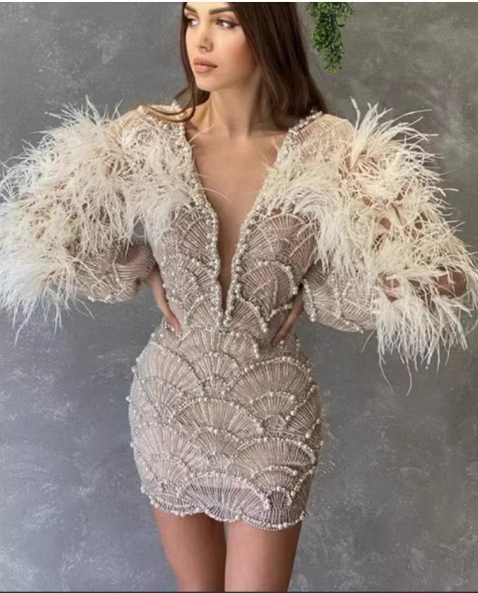 

Stage costume apricot feather high-end sequin studded sexy V-neck women's dress