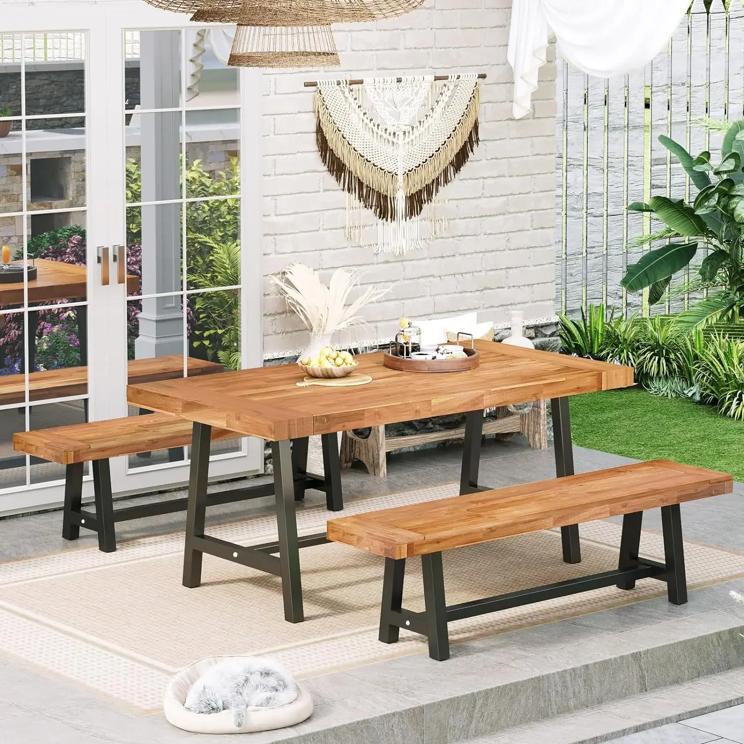 

Outdoor Bench Garden Bench Wood 63", Patio Dining Bench Weatherproof, Wooden Park Front Porch Benches for Outside