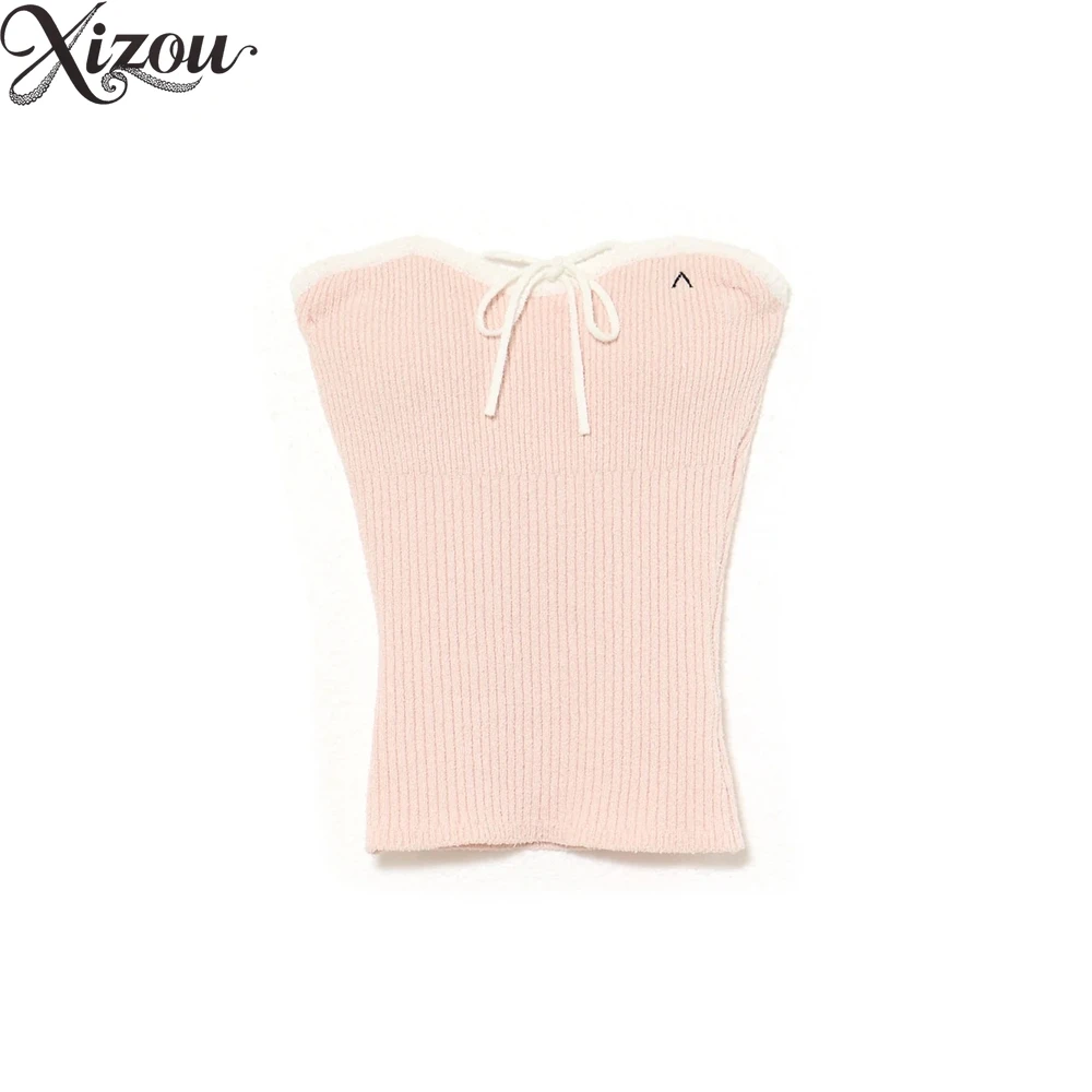 

Japan Style Color Block Sweet Off-Shoulder Knitted Shirt Fashion Tube Top with Chest Pads Casual Tank Tops for Women