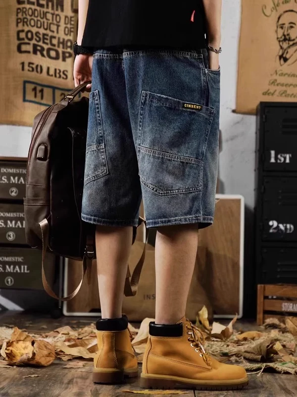 

Trendy Large Size American Retro Denim orts Men Summer Thin Loose Casual mid Waist Pants Straight Leg Five-Quarter Length