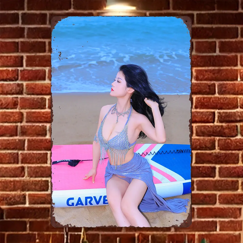 HD Tin Sign Vintage Asian Girl in Blue Rhinestone Bikini Beach Paddle Board Metal Wall Art Retro Decor for Home Bar Cafe