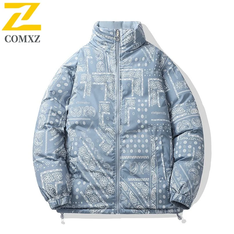 

COMXZ повседневная мужская стеганая куртка с воротником-стойкой, утепленная теплая парка для кемпинга, повседневная ветрозащитная зимняя хлопковая куртка с принтом