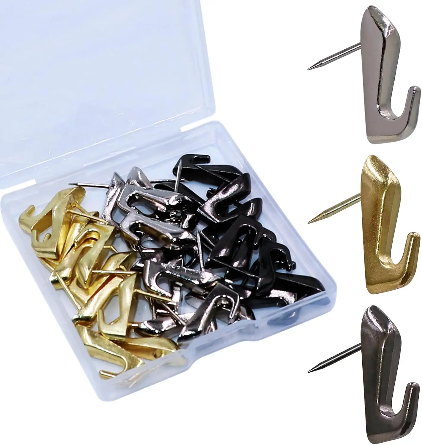 

30 Pcs Push Pin Picture Hooks, Thumbtacks for Wall Hanger, Picture Hanging Nails, Decorative Tacks for Bulletin Board (Silver, Gold, Black)
