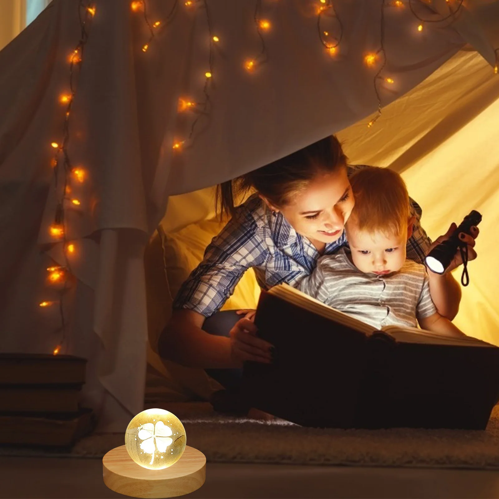 Base de pantalla de luz LED de madera, soporte de esfera de cristal alimentado por USB, Base de pantalla LED de ambiente suave y cálido, 2 uds.