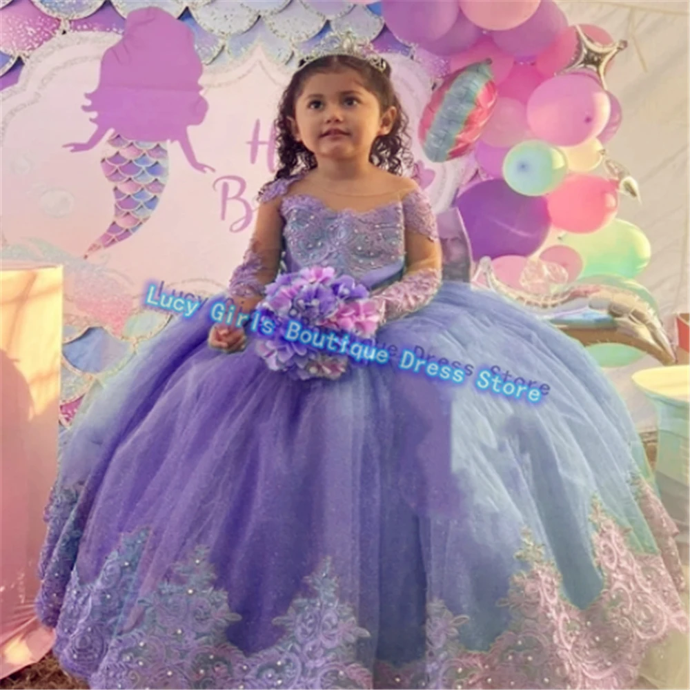 Customised Lovely Baby Flower Girl Dresses Tulle Fluffy Wedding Princess Lace Printing Kids Birthday Party Evening Gowns