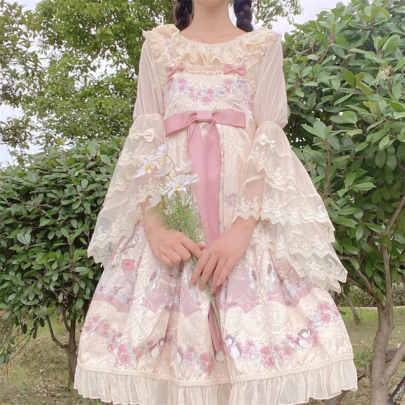 Fashion Women Sweet Kawaii Lolita Tops Flare Sleeve Lace Chiffon Blouse Innerwear Tops Summer Female Elegant Officewear Party