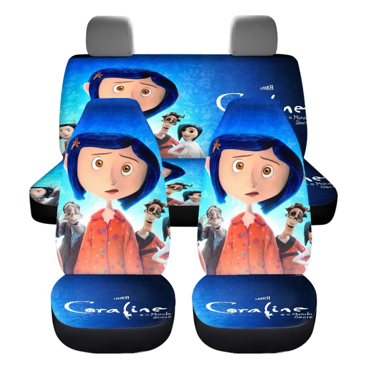 Coraline The Secret Door Printing Car Seat Covers Comfortable Auto Seat Belt Pads Cover Easy Clean Steering Wheel Cover Full Set