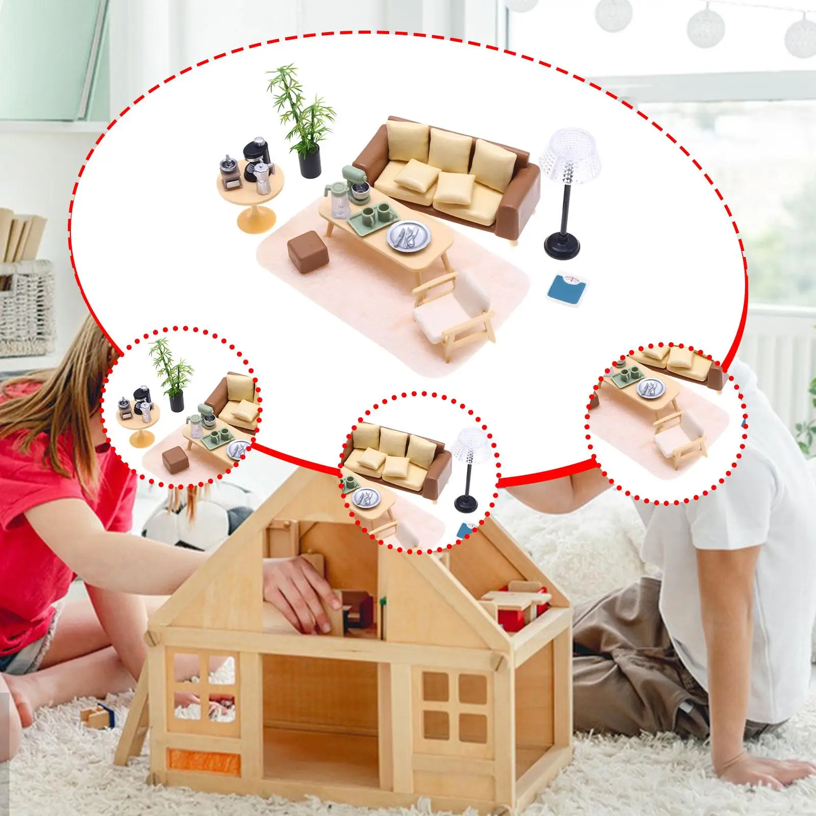 

Dollhouse Furniture Set Dolls House Playset Miniature Table Chair Floor Lamp