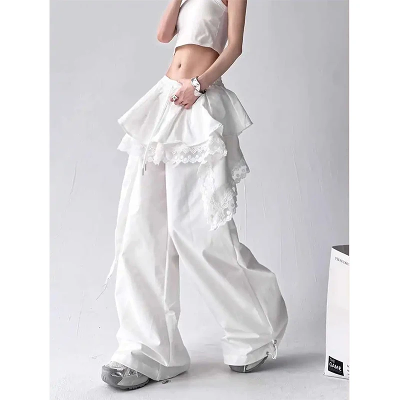 Y2K Black Cargo Pants Women Streetwear Lace Patchwork White Wide Leg Pants Summer Gyaru Harajuku Korean Baggy Trousers New