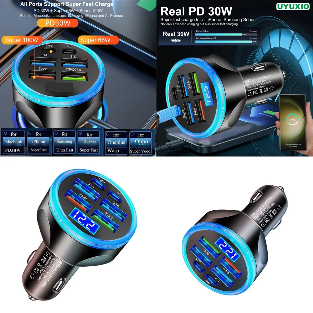 Trending Full PD 30W USB C Car Charger with Voltage Display Multi Port Fast Charge Adapter for iPhone Dropshipping Products