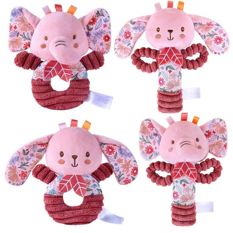 Sonajero de felpa, lindos juguetes de animales de peluche, sonajeros de elefante y conejito, sonajero de anillo suave, juguetes sensoriales, sonajero de felpa, agitador, relleno rosa