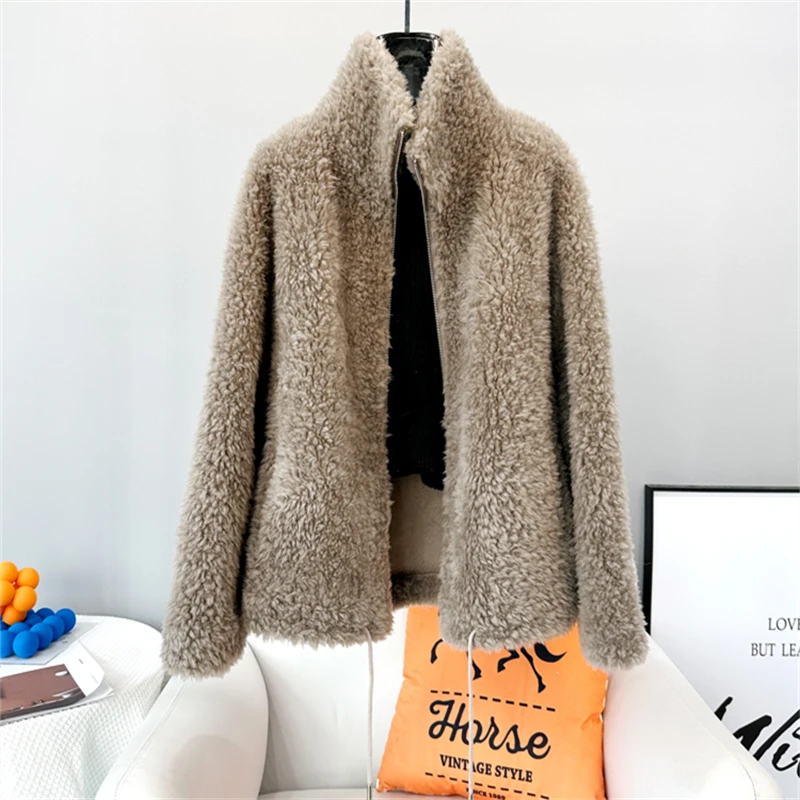 2023 Fall and Winter New Lamb Wool Warm Jacket Top Female Sheep Shearing Zipper Short Young Women Stand-up Collar Coat JT3505