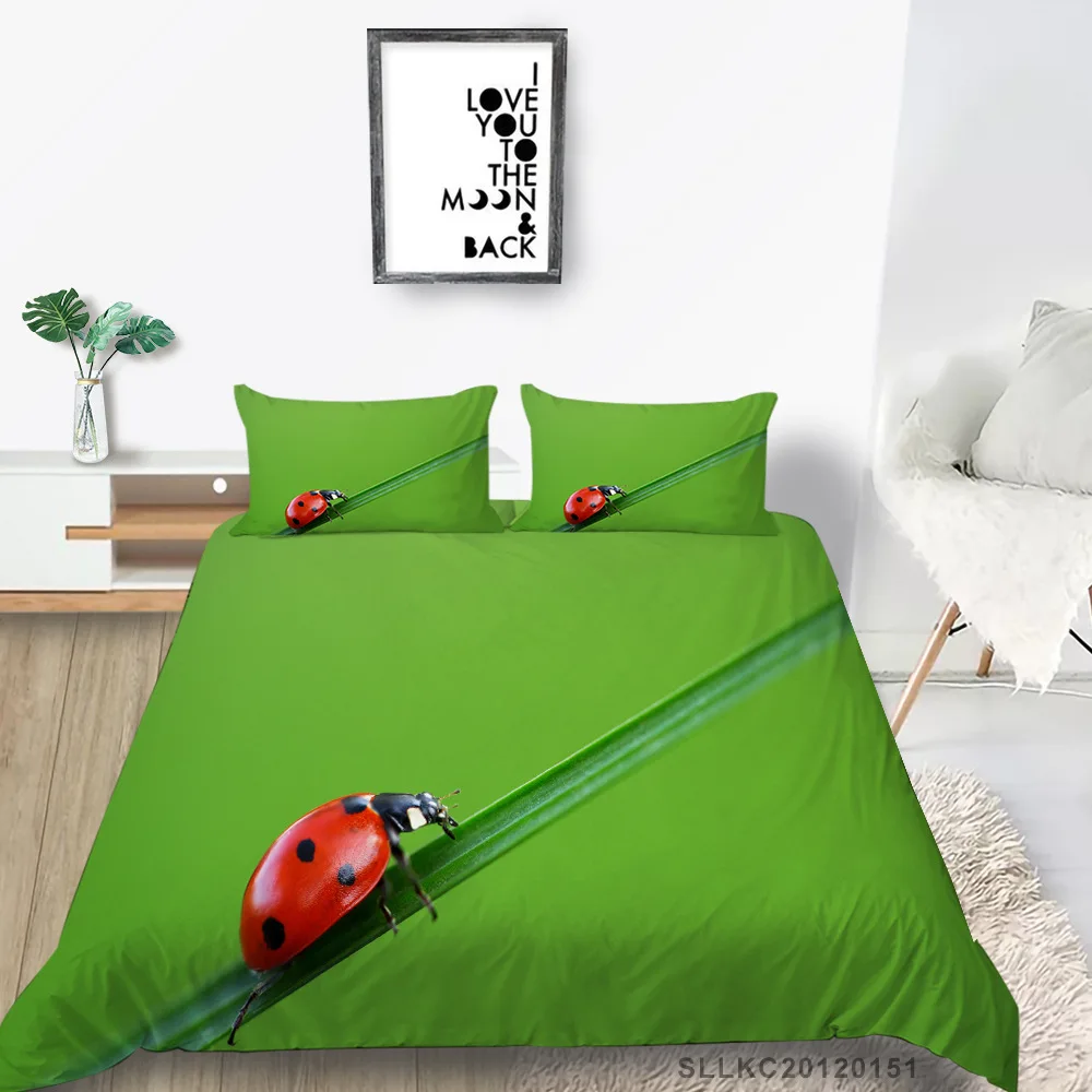 Ladybugs Duvet Cover Set King/Queen Size Insect with Dotted Wings Swirls and Curves Pattern 2/3pcs Polyester Bedding Set Green