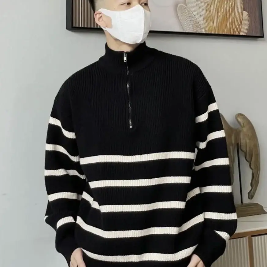 Autumn and winter style high end lazy style off shoulder striped contrast sweater men casual couple outer wear bottoming sweater