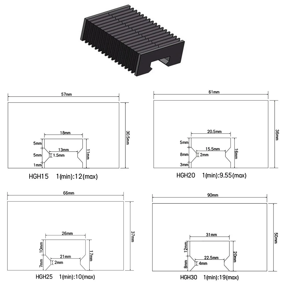 HGR30 HGR25 HGR20 HGR15 hgh20ca HGW 20cc 15mm 20mm 25mm linear guide rails bellows dustproof covers for CNC hiwin hgr rail